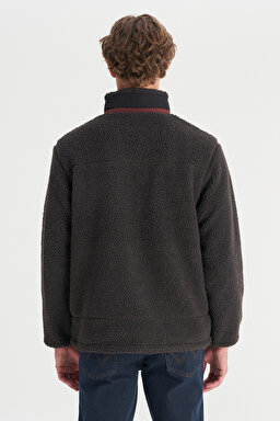 Regular Fit Normal Kesim Dik Yaka Tam Fermuarlı Cepli Sherpa Sweatshirt Polar - Anthracite-W2520142003 (görsel 5)
