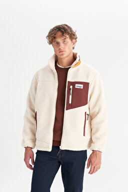 Regular Fit Normal Kesim Dik Yaka Tam Fermuarlı Cepli Sherpa Sweatshirt Polar - Ecru-W2520142104