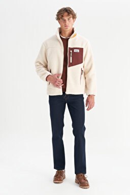 Regular Fit Normal Kesim Dik Yaka Tam Fermuarlı Cepli Sherpa Sweatshirt Polar - Ecru-W2520142104 (görsel 3)