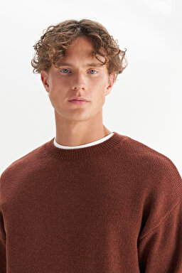 Relaxed Fit Geniş Kesim Bisiklet Yaka Kahverengi Triko Kazak - Brown-W2520156220 (görsel 4)