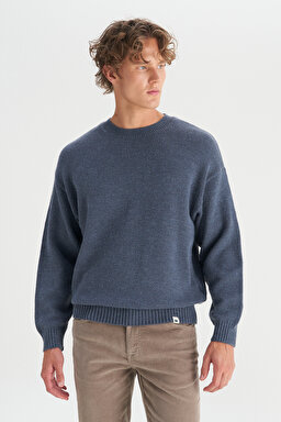 Relaxed Fit Geniş Kesim Bisiklet Yaka Lacivert Triko Kazak - Navy-W2520156410