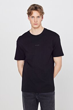 %100 Pamuk Relaxed Fit Rahat Kesim Biisklet Yaka Logo Detaylı Tişört - Black-W2520166001 (görsel 2)