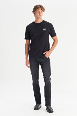 %100 Pamuk Relaxed Fit Rahat Kesim Bisiklet Yaka Tişört - Black-W2520221001 (görsel 4)