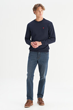 Pamuklu Regular Fit Normal Kesim Bisiklet Yaka Logo Detaylı Sweatshirt - Navy-W2520255410 (görsel 2)