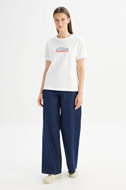%100 Pamuk Regular Fit Normal Kesim Bisiklet Yaka Tişört - Off White-W2520434102 (görsel 2)