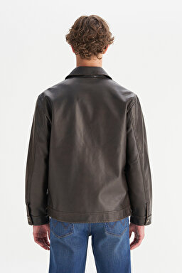 Regular Fit Normal Kesim Gömlek Yaka Cepli Deri Ceket - Dark Brown-W252043924 (görsel 5)