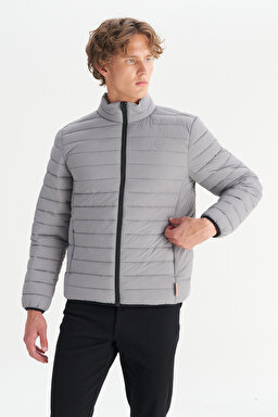 Regular Fit Normal Kesim Dik Yaka Cepli Şişme Mont - Gray-W2520510035 (görsel 3)