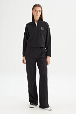 Regular Fit Normal Kesim Fermuar Yaka Detaylı Siyah Sweatshirt - Black-W2520522001 (görsel 2)