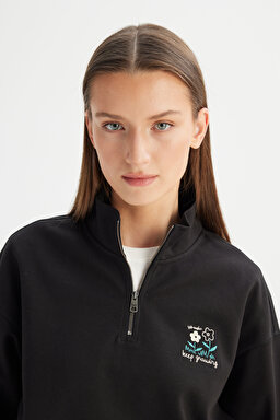 Regular Fit Normal Kesim Fermuar Yaka Detaylı Siyah Sweatshirt - Black-W2520522001 (görsel 4)