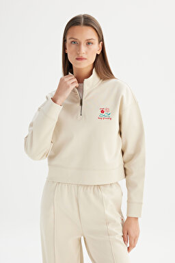 Regular Fit Normal Kesim Fermuar Yaka Detaylı Bej Sweatshirt - Beige-W2520522614 (görsel 3)
