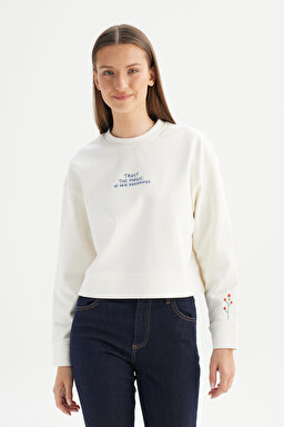 Regular Fit Normal Kesim Bisiklet Yaka Kırık Beyaz Sweatshirt - Off White-W2520523102 (görsel 3)