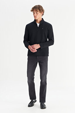 Pamuklu Regular Fit Dik Yaka Fermuarlı Selanik Örgü Sweatshirt - Black-W2520532001 (görsel 2)