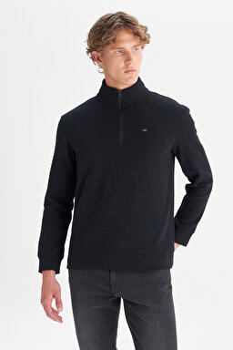 Pamuklu Regular Fit Dik Yaka Fermuarlı Selanik Örgü Sweatshirt - Black-W2520532001 (görsel 3)