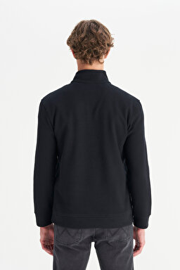 Pamuklu Regular Fit Dik Yaka Fermuarlı Selanik Örgü Sweatshirt - Black-W2520532001 (görsel 5)
