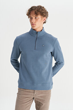 Pamuklu Regular Fit Dik Yaka Fermuarlı Selanik Örgü Sweatshirt - Petrol-W2520532405