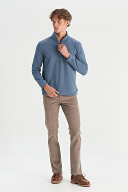 Pamuklu Regular Fit Dik Yaka Fermuarlı Selanik Örgü Sweatshirt - Petrol-W2520532405 (görsel 2)