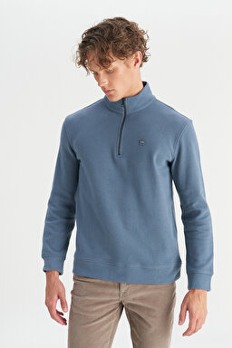 Pamuklu Regular Fit Dik Yaka Fermuarlı Selanik Örgü Sweatshirt - Petrol-W2520532405 (görsel 3)