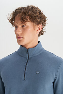 Pamuklu Regular Fit Dik Yaka Fermuarlı Selanik Örgü Sweatshirt - Petrol-W2520532405 (görsel 4)