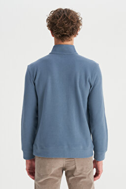 Pamuklu Regular Fit Dik Yaka Fermuarlı Selanik Örgü Sweatshirt - Petrol-W2520532405 (görsel 5)
