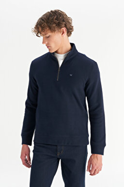Pamuklu Regular Fit Dik Yaka Fermuarlı Selanik Örgü Sweatshirt - Navy-W2520532410 (görsel 3)