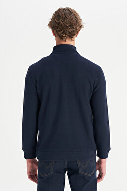 Pamuklu Regular Fit Dik Yaka Fermuarlı Selanik Örgü Sweatshirt - Navy-W2520532410 (görsel 5)