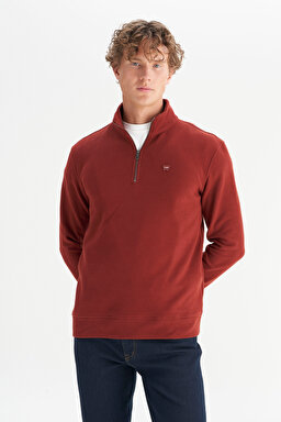 Pamuklu Regular Fit Dik Yaka Fermuarlı Selanik Örgü Sweatshirt - Wine-W2520532810