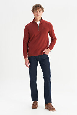 Pamuklu Regular Fit Dik Yaka Fermuarlı Selanik Örgü Sweatshirt - Wine-W2520532810 (görsel 2)