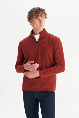 Pamuklu Regular Fit Dik Yaka Fermuarlı Selanik Örgü Sweatshirt - Wine-W2520532810 (görsel 3)