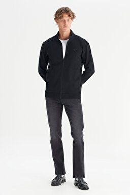Pamuklu Relaxed Fit Dik Yaka Fermuarlı Selanik Örgü Sweatshirt - Black-W2520533001 (görsel 2)