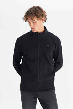 Pamuklu Relaxed Fit Dik Yaka Fermuarlı Selanik Örgü Sweatshirt - Black-W2520533001 (görsel 3)