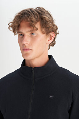 Pamuklu Relaxed Fit Dik Yaka Fermuarlı Selanik Örgü Sweatshirt - Black-W2520533001 (görsel 4)