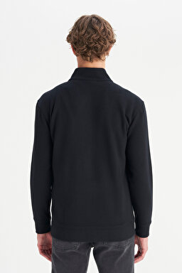Pamuklu Relaxed Fit Dik Yaka Fermuarlı Selanik Örgü Sweatshirt - Black-W2520533001 (görsel 5)