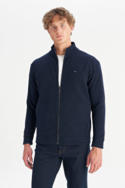 Pamuklu Relaxed Fit Dik Yaka Fermuarlı Selanik Örgü Sweatshirt - Navy-W2520533410
