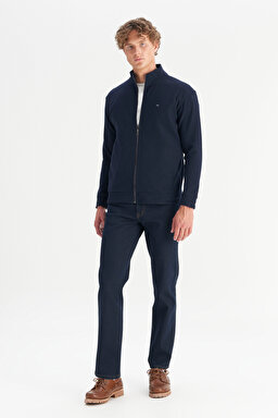 Pamuklu Relaxed Fit Dik Yaka Fermuarlı Selanik Örgü Sweatshirt - Navy-W2520533410 (görsel 2)