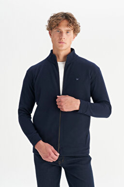 Pamuklu Relaxed Fit Dik Yaka Fermuarlı Selanik Örgü Sweatshirt - Navy-W2520533410 (görsel 3)