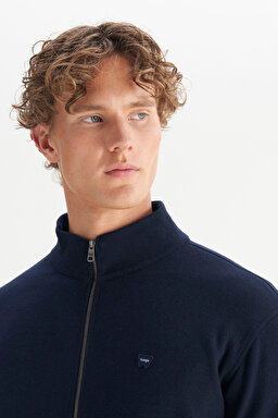 Pamuklu Relaxed Fit Dik Yaka Fermuarlı Selanik Örgü Sweatshirt - Navy-W2520533410 (görsel 4)
