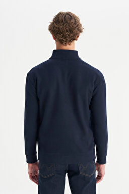 Pamuklu Relaxed Fit Dik Yaka Fermuarlı Selanik Örgü Sweatshirt - Navy-W2520533410 (görsel 5)