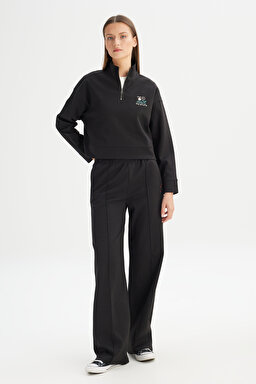 Loose Fit Geniş Kesim Siyah Pamuklu Esnek Sweatpant - Black-W2520557001