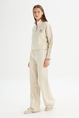 Loose Fit Geniş Paça Bej Pamuklu Esnek Sweatpant - Beige-W2520557614