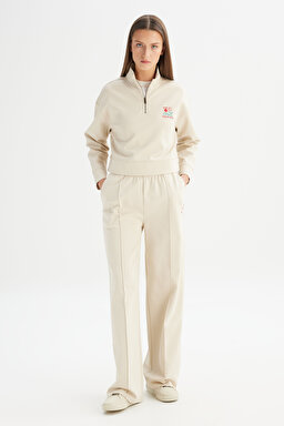 Loose Fit Geniş Paça Bej Pamuklu Esnek Sweatpant - Beige-W2520557614 (görsel 3)