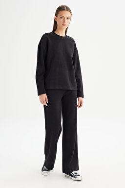 Loose Fit Rahat Kesim Bisiklet Yaka Siyah Triko Kazak - Black-W2520564001 (görsel 2)