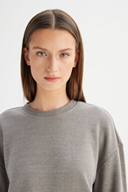 Loose Fit Rahat Kesim Bisiklet Yaka Gri Triko Kazak - Gray-W252056435 (görsel 4)