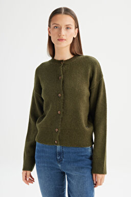 Relaxed Fit Geniş Kesim Bisiklet Yaka Haki Düğmeli Hırka - KHAKI-W2520565801