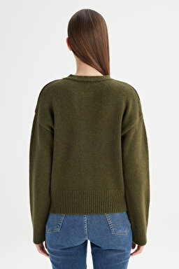 Relaxed Fit Geniş Kesim Bisiklet Yaka Haki Düğmeli Hırka - KHAKI-W2520565801 (görsel 6)