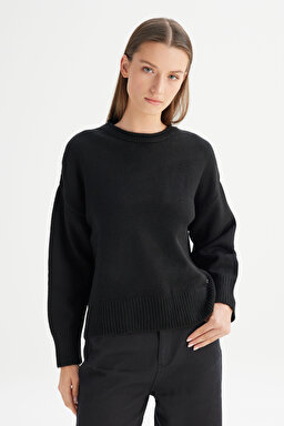 Relaxed Fit Rahat Kesim Bisiklet Yaka Triko Kazak - Black-W2520566001 (görsel 3)
