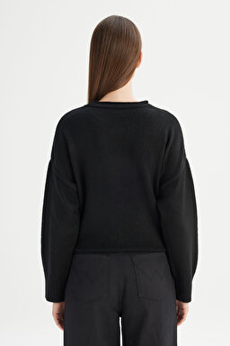 Relaxed Fit Rahat Kesim Bisiklet Yaka Triko Kazak - Black-W2520566001 (görsel 5)