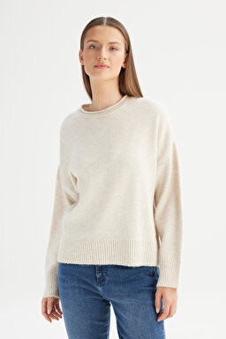 Relaxed Fit Rahat Kesim Bisiklet Yaka Triko Kazak - Off White-W2520566102