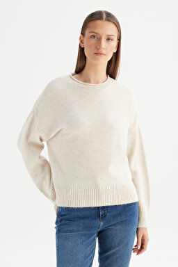 Relaxed Fit Rahat Kesim Bisiklet Yaka Triko Kazak - Off White-W2520566102 (görsel 3)
