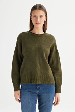 Relaxed Fit Geniş Kesim Bisiklet Yaka Haki Triko Kazak - Green-W2520566300