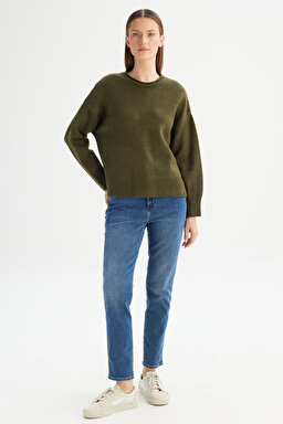 Relaxed Fit Geniş Kesim Bisiklet Yaka Haki Triko Kazak - Green-W2520566300 (görsel 2)